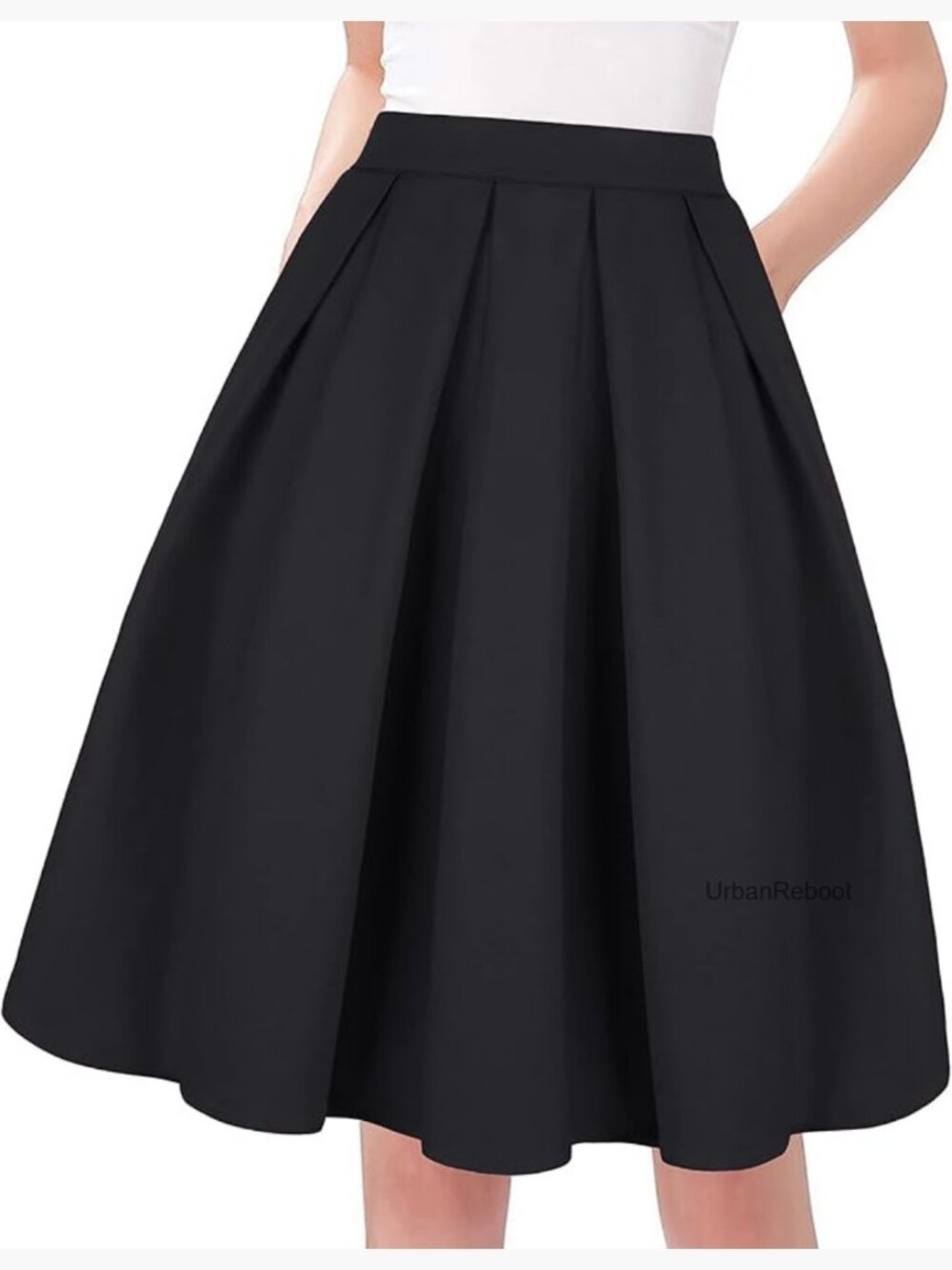 High Waist A-Line Pleated Midi Skirt with Pockets Cotton Elastic Waist